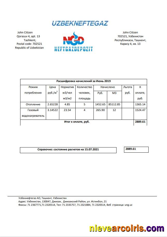 Uzbekistan NeftGaz utility bill